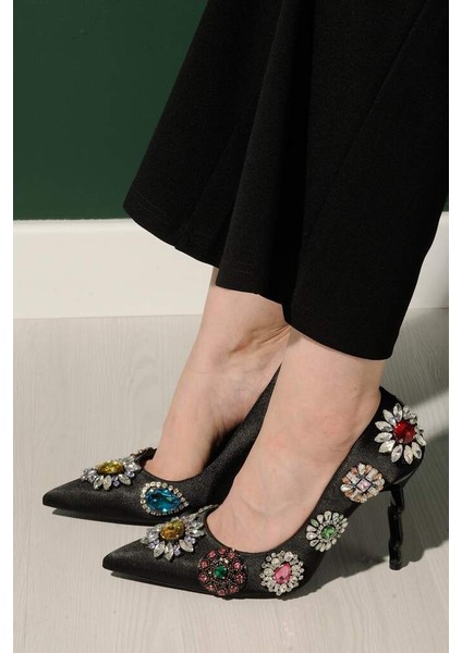 1006 Siyah Özel Tasarım Kristal Taş Detaylıkadın Ithal Topuklu Ayakkabı fiyatları