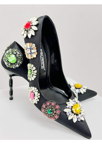 1006 Siyah Özel Tasarım Kristal Taş Detaylıkadın Ithal Topuklu Ayakkabı fırsatları