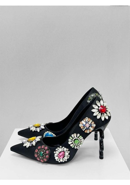 1006 Siyah Özel Tasarım Kristal Taş Detaylıkadın Ithal Topuklu Ayakkabı indirimleri