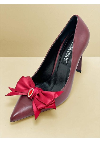 5145 Bordo Mat Cilt Kurdele Taşlı Fiyonklu Kadın Topuklu Ayakkabı