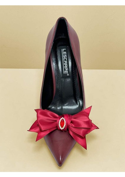 5145 Bordo Mat Cilt Kurdele Taşlı Fiyonklu Kadın Topuklu Ayakkabı fiyatları