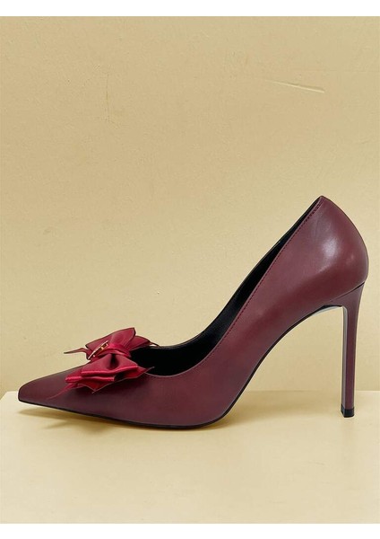 5145 Bordo Mat Cilt Kurdele Taşlı Fiyonklu Kadın Topuklu Ayakkabı fırsatları