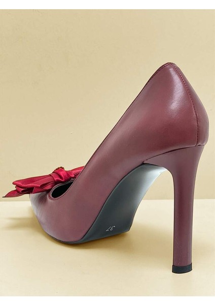 5145 Bordo Mat Cilt Kurdele Taşlı Fiyonklu Kadın Topuklu Ayakkabı indirimleri