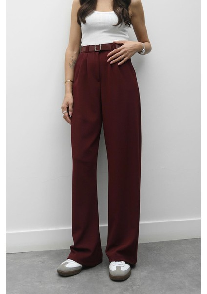 Bordo Heche Pileli Kemerli Pantolon