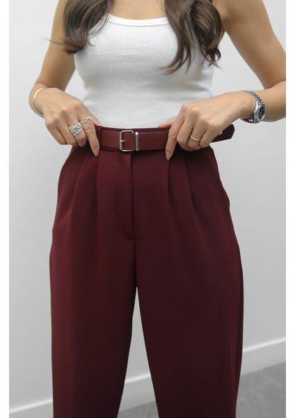 Bordo Heche Pileli Kemerli Pantolon