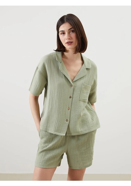 Lcw Dream yeşil Gömlek Yaka Kadın Şortlu Pijama Takımı