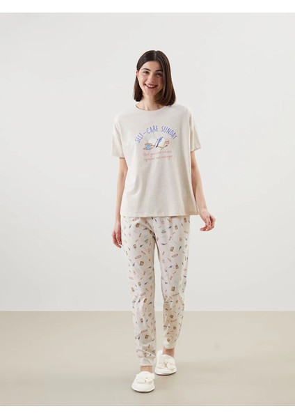 Lcw Dream bej Bisiklet Yaka Baskılı Kadın Pijama Takımı