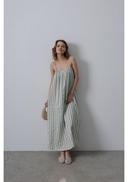 Askılı Çizgi Desen Elbise - Haki fiyatları