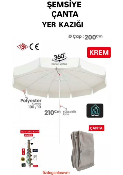 Deniz Plaj Kamp 2 mt 10 Telli Polyester Krem Şemsiye + Çanta+Kazık