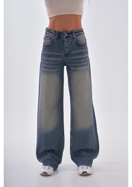 Kadın Vintage Efektli Straight Fit Baggy Jean