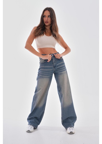 Kadın Vintage Efektli Straight Fit Baggy Jean indirimleri