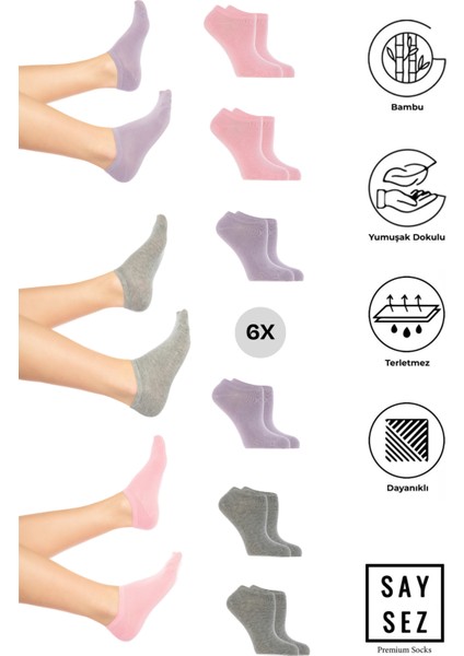 Bambu Kadın Sneaker Renkli Çorap Dikişsiz Görünmez Bilekte Spor Çorap Premium 6'lı Paket