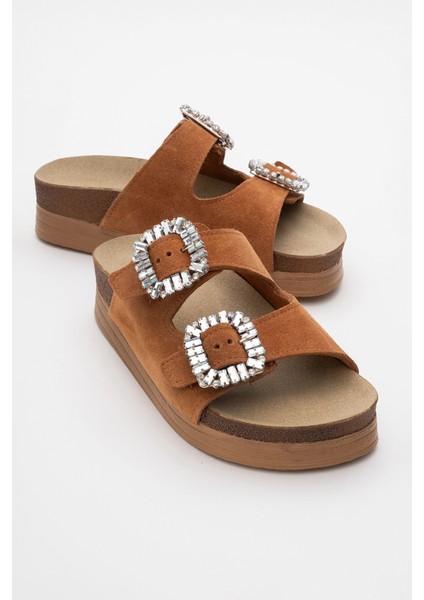 Polacca Taba Süet Taşlı Çift Bantlı Hakiki Deri Kadın Kalın Tabanlı Terlik