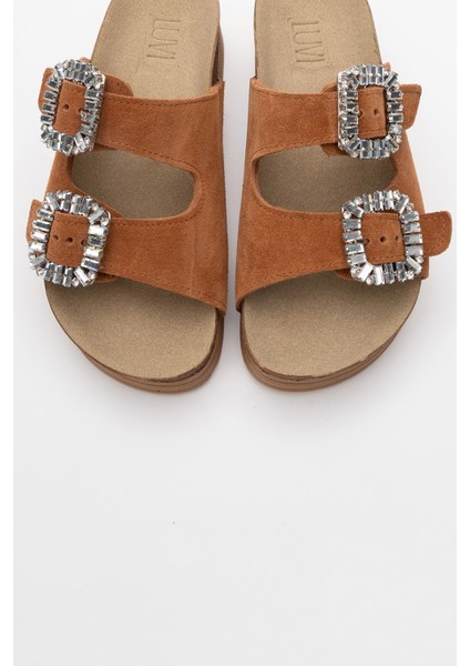 Polacca Taba Süet Taşlı Çift Bantlı Hakiki Deri Kadın Kalın Tabanlı Terlik fiyatları