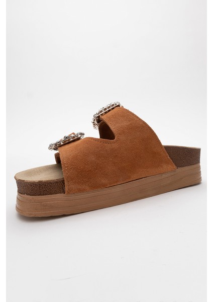 Polacca Taba Süet Taşlı Çift Bantlı Hakiki Deri Kadın Kalın Tabanlı Terlik modelleri