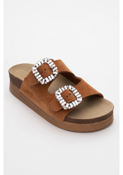 Polacca Taba Süet Taşlı Çift Bantlı Hakiki Deri Kadın Kalın Tabanlı Terlik fırsatları