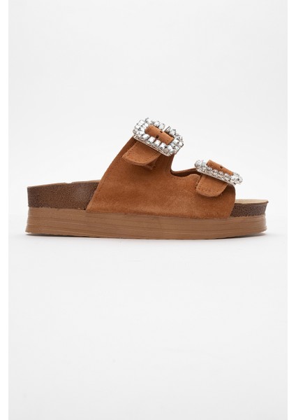 Polacca Taba Süet Taşlı Çift Bantlı Hakiki Deri Kadın Kalın Tabanlı Terlik