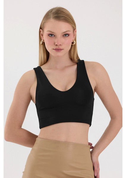 Kadın Siyah V Yaka Crop Top BLZ-00262