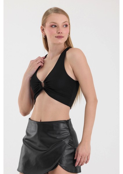 Kadın Siyah Halka Detaylı Crop Top BLZ-00353 fiyatları