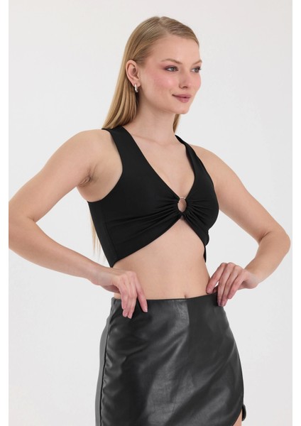 Kadın Siyah Halka Detaylı Crop Top BLZ-00353 modelleri