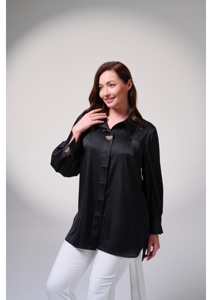 Büyük Beden Yaka ve Kolda Aksesuar Detaylı Gömlek fiyatları