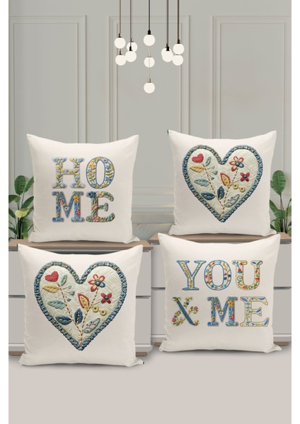 4 Lü Çift Taraflı Dijital Baskı Kırlent Kılıfı Nakış Desenli