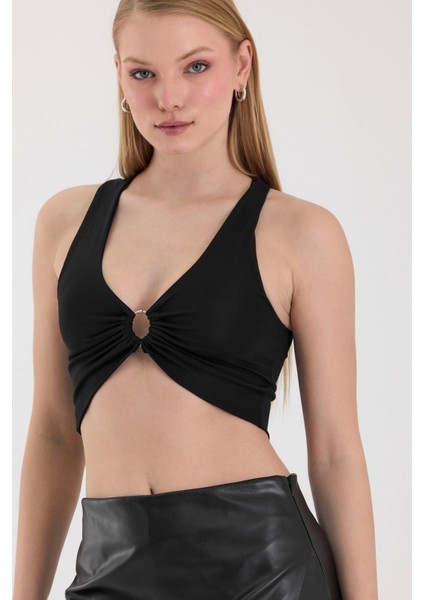 Kadın Siyah Halka Detaylı Crop Top BLZ-00353