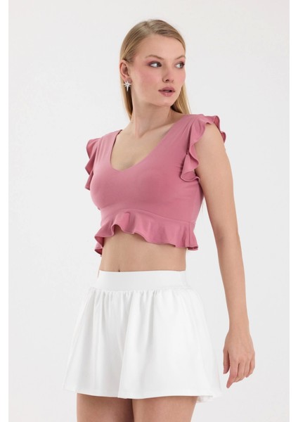 Kadın Pembe Volanlı Crop Top BLZ-00255