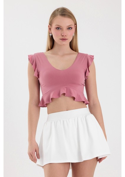 Kadın Pembe Volanlı Crop Top BLZ-00255