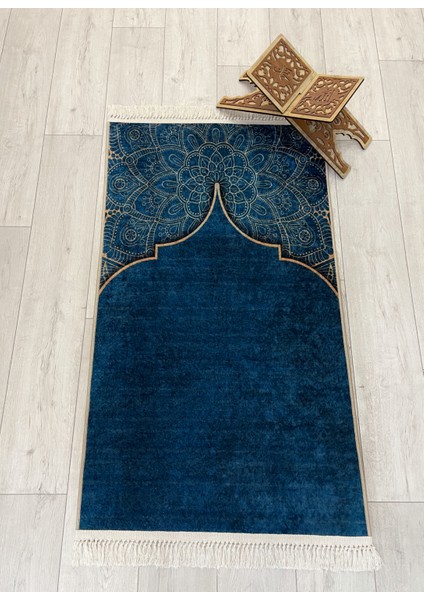Seccade Saçaklı (Lateks Taban) 75 x 125 Ebat Petrol Mavisi