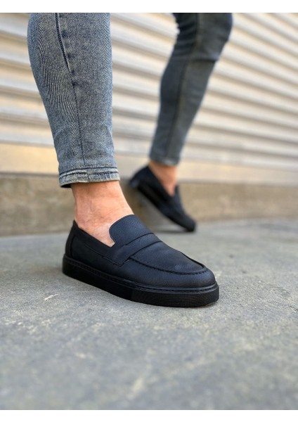 JY180 Estilo x Bağcıksız Cilt Erkek Günlük Spor Klasik Ayakkabı - Siyah