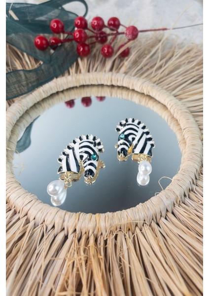 Vintage Zebra Çizgili Inci Damla Küpe
