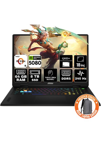 Msı Vector A18 Hx Amd Ryzen 9 9955HX 64GB 8tb SSD RTX5080 16GB Windows 11 Pro 18" Qhd+ 240Hz Taşınabilir Bilgisayar A9WIG-A19