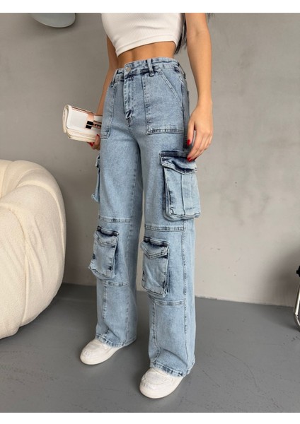 Kadın Yüksek Bel Çok Cepli Özel Tasarım Straight Fit kargo jean