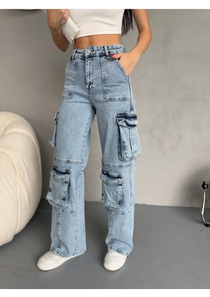 Kadın Yüksek Bel Çok Cepli Özel Tasarım Straight Fit kargo jean fiyatları
