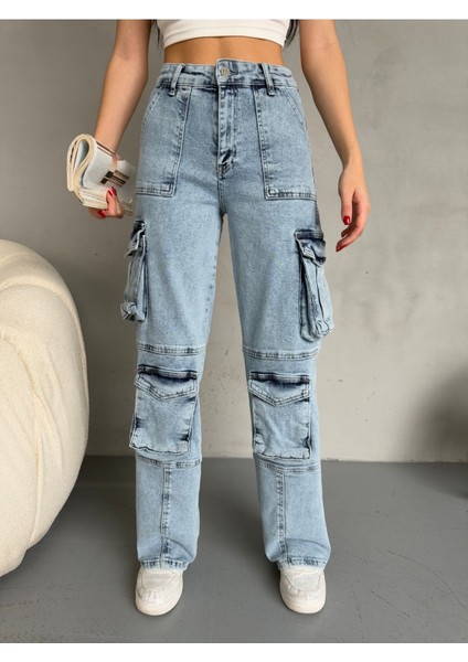 Kadın Yüksek Bel Çok Cepli Özel Tasarım Straight Fit kargo jean modelleri