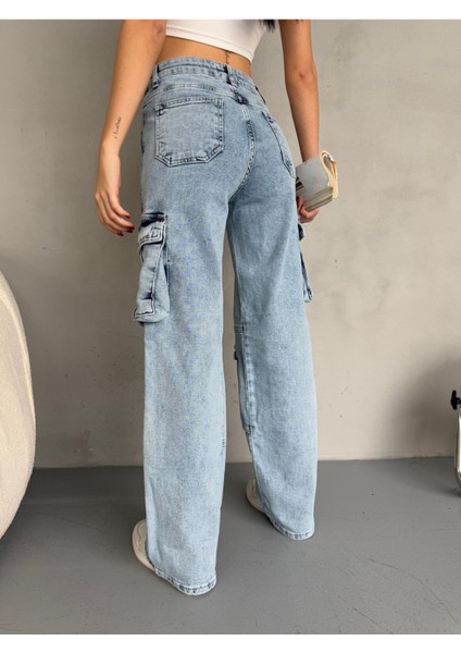 Kadın Yüksek Bel Çok Cepli Özel Tasarım Straight Fit kargo jean fırsatları
