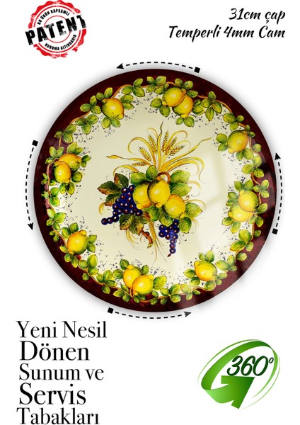 İtalyan Limon Desenli, Dönen Standlı Lüx Servis Sunum Tabağı, Dönen Pasta ve Peynir Tabağı Standı, lazy Susan