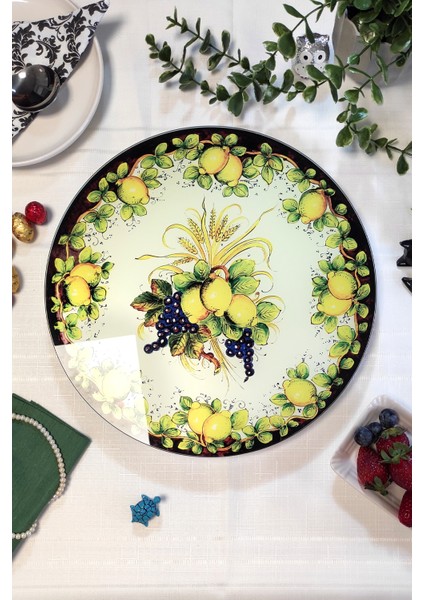 İtalyan Limon Desenli, Dönen Standlı Lüx Servis Sunum Tabağı, Dönen Pasta ve Peynir Tabağı Standı, lazy Susan