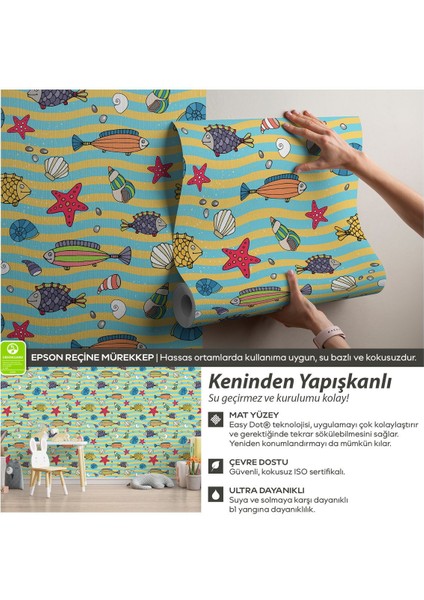 Kendinden Yapışkanlı Dalgalı Deniz ve Sevimli Balıklar Bebek Çocuk Odası Duvar Kağıdı
