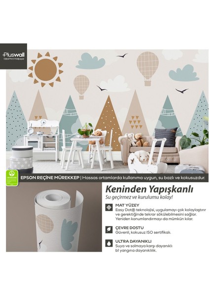 Kendinden Yapışkanlı Modern Soyut Dağlar Kuşlar Bulutlar ve Güneş Bebek Çocuk Odası Duvar Kağıdı modelleri