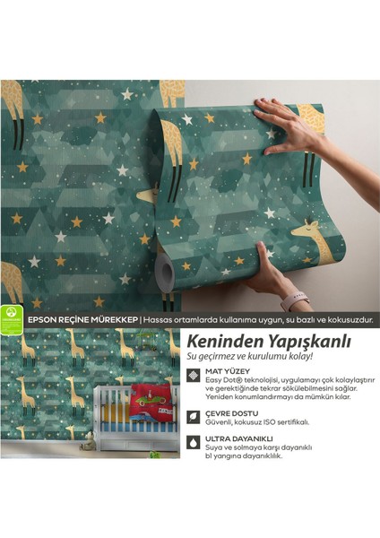 Kendinden Yapışkanlı Zürafa Desenli Bebek Odası Duvar Kağıdı, Çocuk Odası Hayvanlı Duvar Kağıdı