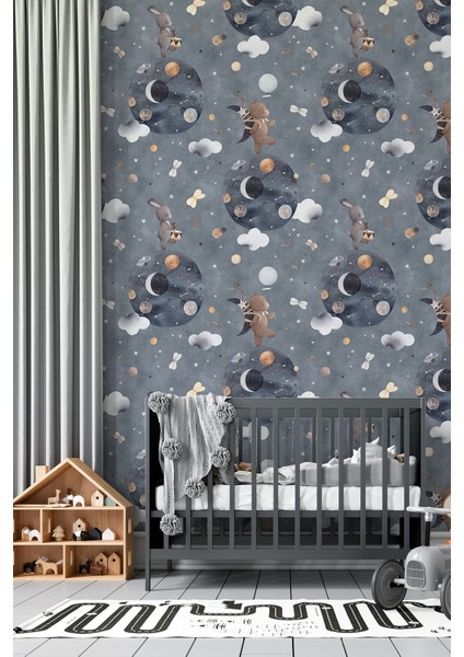 Kendinden Yapışkanlı Sevimli Tavşan ve Ayı Uzayda Bebek Odası Duvar Kağıdı, Çocuk Odası Duvar Kağıdı