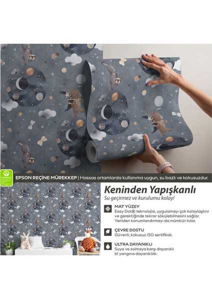 Kendinden Yapışkanlı Sevimli Tavşan ve Ayı Uzayda Bebek Odası Duvar Kağıdı, Çocuk Odası Duvar Kağıdı fiyatları