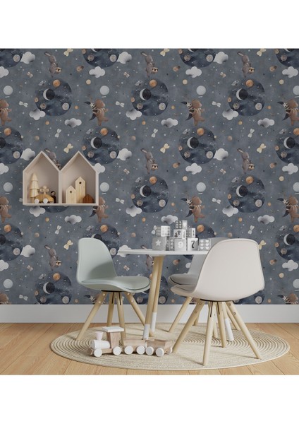 Kendinden Yapışkanlı Sevimli Tavşan ve Ayı Uzayda Bebek Odası Duvar Kağıdı, Çocuk Odası Duvar Kağıdı modelleri