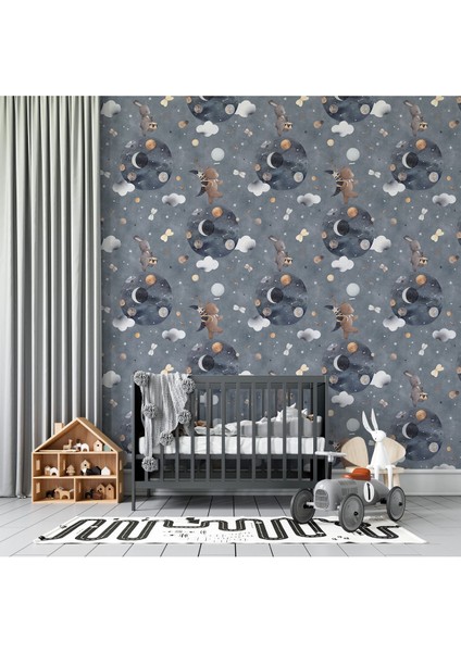 Kendinden Yapışkanlı Sevimli Tavşan ve Ayı Uzayda Bebek Odası Duvar Kağıdı, Çocuk Odası Duvar Kağıdı fırsatları