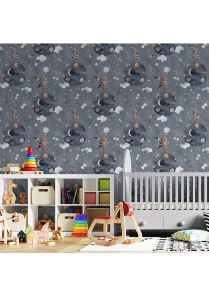 Kendinden Yapışkanlı Sevimli Tavşan ve Ayı Uzayda Bebek Odası Duvar Kağıdı, Çocuk Odası Duvar Kağıdı indirimleri