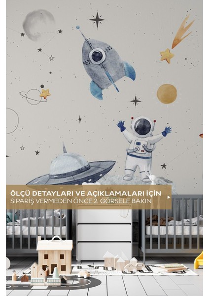 Uzay Temalı Astronot Uzay Gemisi ve Gezegenli Bebek Çocuk Odası Kendinden Yapışkanlı Duvar Kağıdı