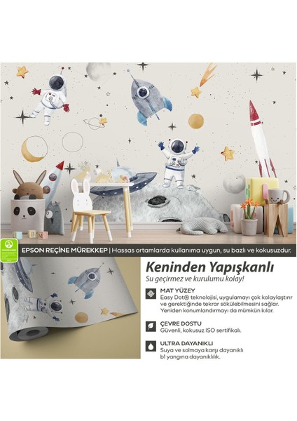 Uzay Temalı Astronot Uzay Gemisi ve Gezegenli Bebek Çocuk Odası Kendinden Yapışkanlı Duvar Kağıdı modelleri