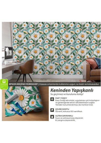 Kendinden Yapışkanlı Papatya Desenli Duvar Kağıdı, Su Geçirmez Yapışkanlı 3D Duvar Kağıdı